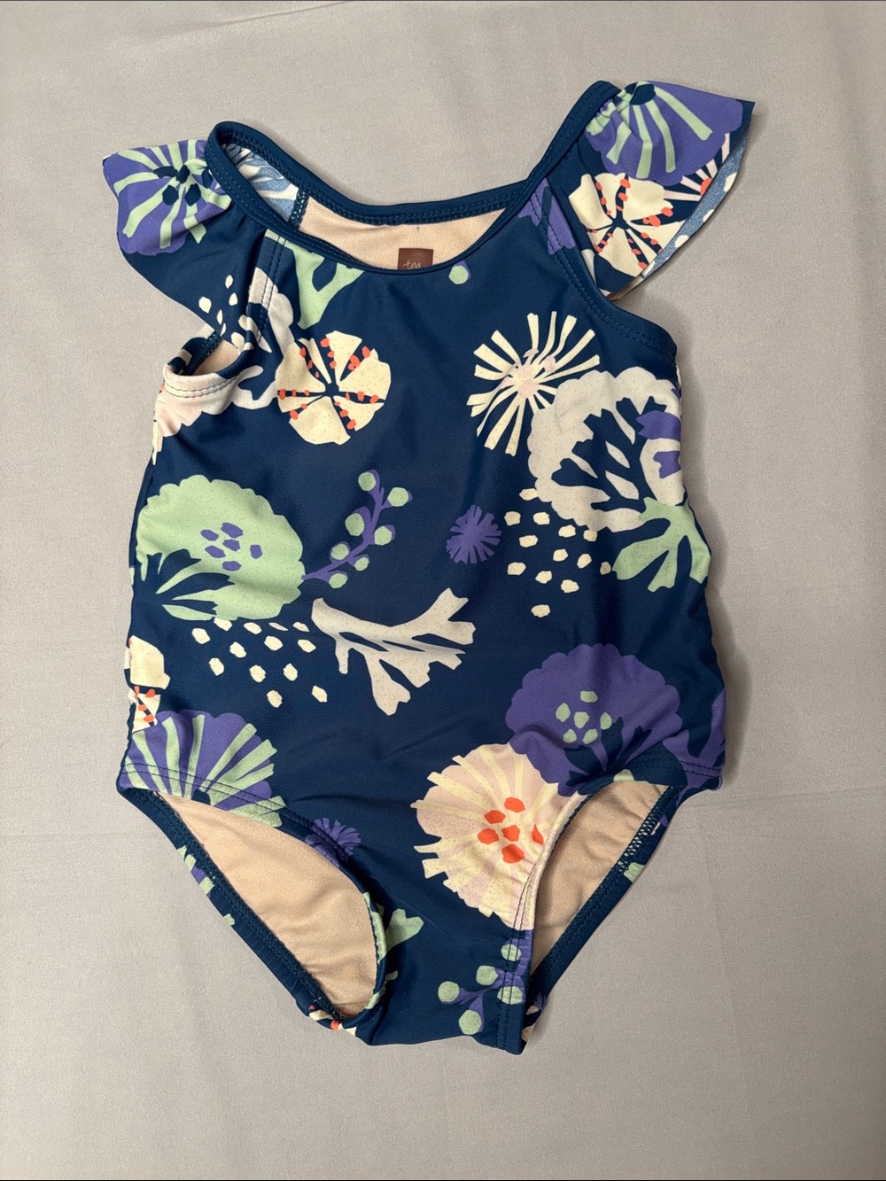Tea Collection Navy Floral Ruffle-Shoulder Toddler One-Piece Swimsuit 12m-18m